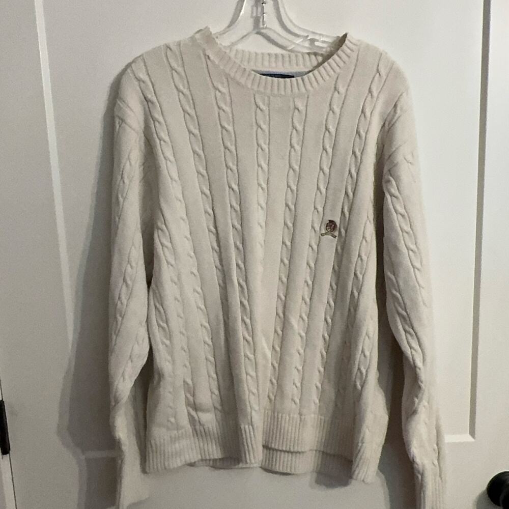 TOMMY HILFIGER Sz L White Cable Knit Crew Neck Pullover Sweater Cotton Vintage